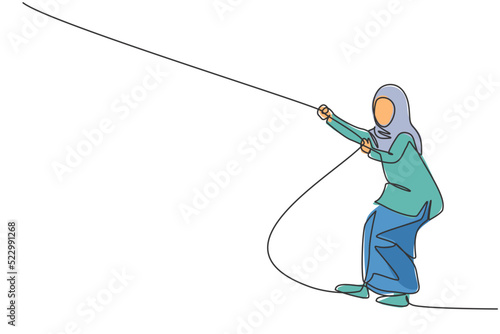 Single one line drawing of young smart Arab business woman pulling rope to reach goal target. Business finance growth minimal concept. Modern continuous line draw design graphic vector illustration