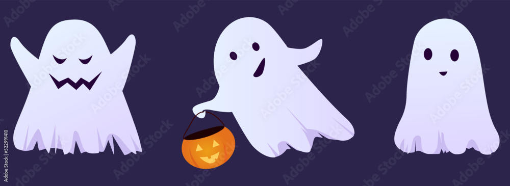 Set of cute funny happy ghosts. Childish spooky boo characters for kids. Magic scary spirits with different emotions and face expressions. Isolated flat cartoon vector illustrations of comic phantoms. Set of cute funny happy ghosts. Childish spooky boo characters for kids. Magic scary spirits with different emotions and face expressions. Isolated flat cartoon vector illustrations of comic phantoms.