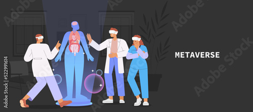 Metaverse. Flat vector illustration with group student or interns wearing virtual reality glasses are practicing virtual treating patients. Concept of digital learning space.	