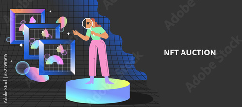 NFT auction. Flat vector illustration with woman at the virtual gallery buying or selling digital art. Concept of Metaverse.	