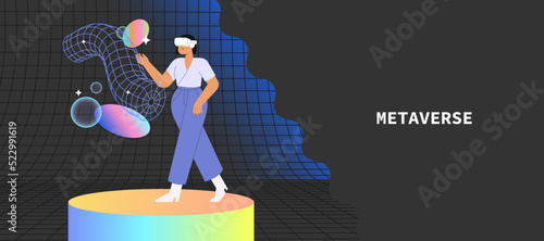 Metaverse entertainment. Flat vector illustration with woman wearing virtual reality glasses, interacting and creating a virtual world. Concept of future innovations.