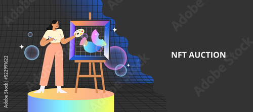 NFT. Flat vector illustration with woman creating digital picture. Concept of future innovations.	
