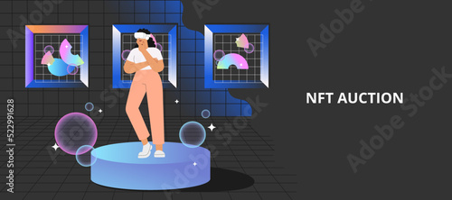 NFT auction. Flat vector illustration with woman at the virtual gallery buying or selling digital art. Concept of Metaverse.	