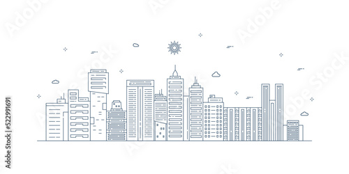 Cityscape. Modern flat line landscape vector. City landscape line art illustration with building  tower  skyscrapers. Vector illustration.