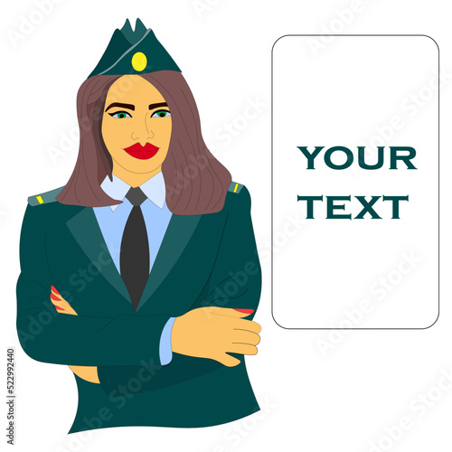 female tax inspector in uniform, taxes in business. The idea of compliance with the law, rules, accounting and payment. Financial bill, control of tax reporting. banner for your text. photo