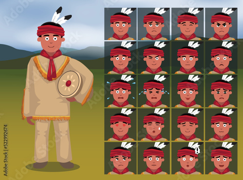 Native American Cherokee Cartoon Emotion faces Vector Illustration