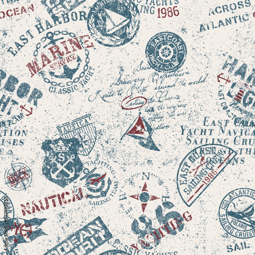 Grunge nautical marine sailing elements patchwork abstract vintage vector seamless pattern