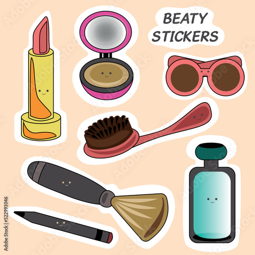 A set of beauty cosmetic makeup stickers with emojis and the inscription: lipstick, powder in a pink round box, a rectangular bottle of perfume, red glasses, a hairbrush, a black eyeliner, and a brush