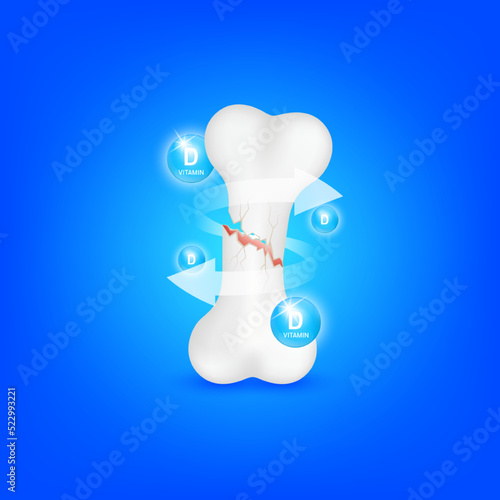 Vitamin minerals D help strengthen bone not to be broken or decay. Isolated on blue background. Skeleton x ray scan concept. Healthy knee bone. Medical or healthcare. 3D Realistic Vector.