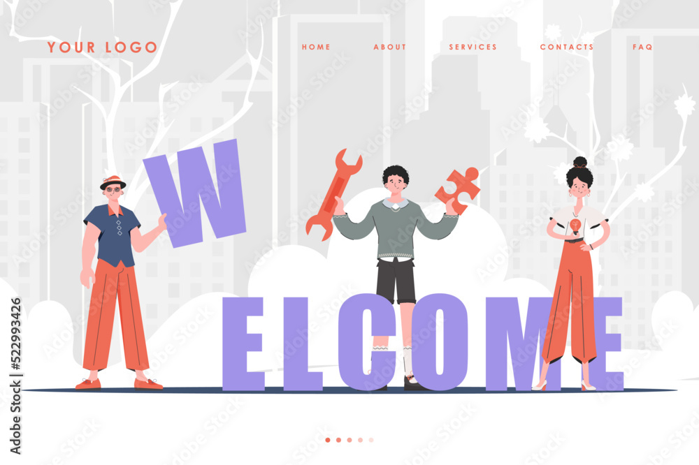 Welcome Landing Page Diverse Team of People Home page for website. Trendy character style. Vector. Welcome Landing Page Diverse Team of People Home page for website. Trendy character style. Vector.