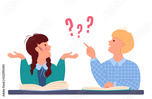 Little boy points his finger at the question mark. Little girl is sitting next to him and sadly spreads her hands. Children are doing homework. Vector illustration in flat style on a white background