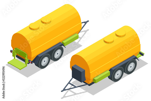 Isometric yellow agriculture tank trailer or wheeled trailer with water tank