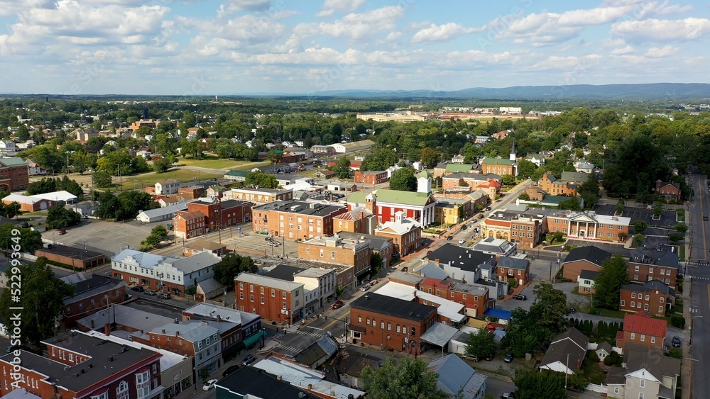 Aerial view of county courthouse over main street USA, Charles Town, West Virginia on a beautiful sunny day.