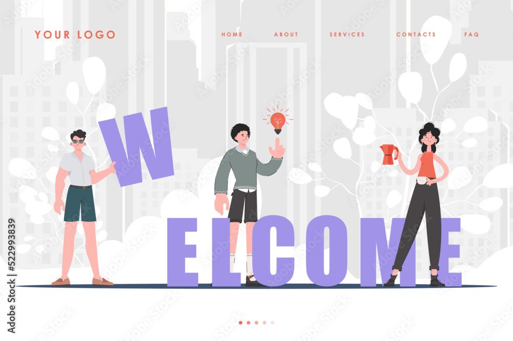 Welcome landing page diverse team of people Creative start page for website. Trendy flat style. Previous illustration. Welcome landing page diverse team of people Creative start page for website. Trendy flat style. Previous illustration.