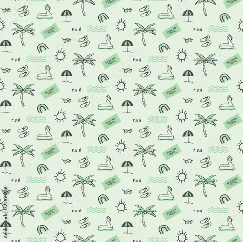 Mint green summery seamless vector pattern of a tropical beach holiday essential elements. Great for wallpaper, background, fabric, textiles, accessories, fashion, swimwear, baby clothes, stationery
