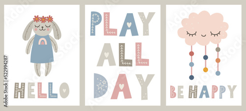 Posters for nursery in boho style. Cute characters and hand drawn lettering quote. Vector illustration