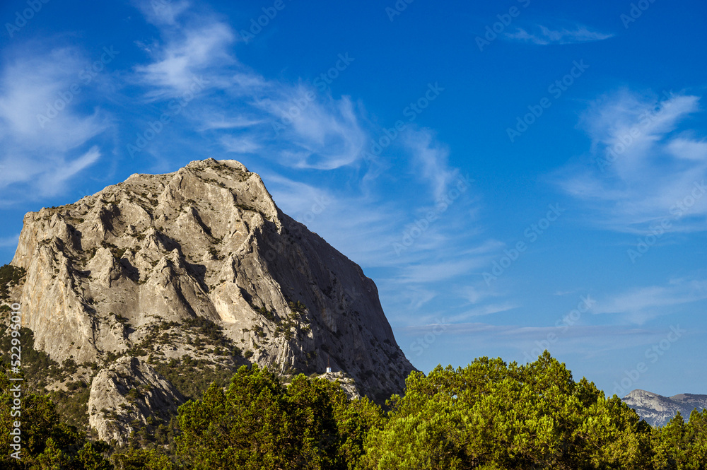 Beautiful landscape of sunny nature of Crimea. Mountain. Juniper grove. Beautiful landscape of sunny nature of Crimea. Mountain. Juniper grove.