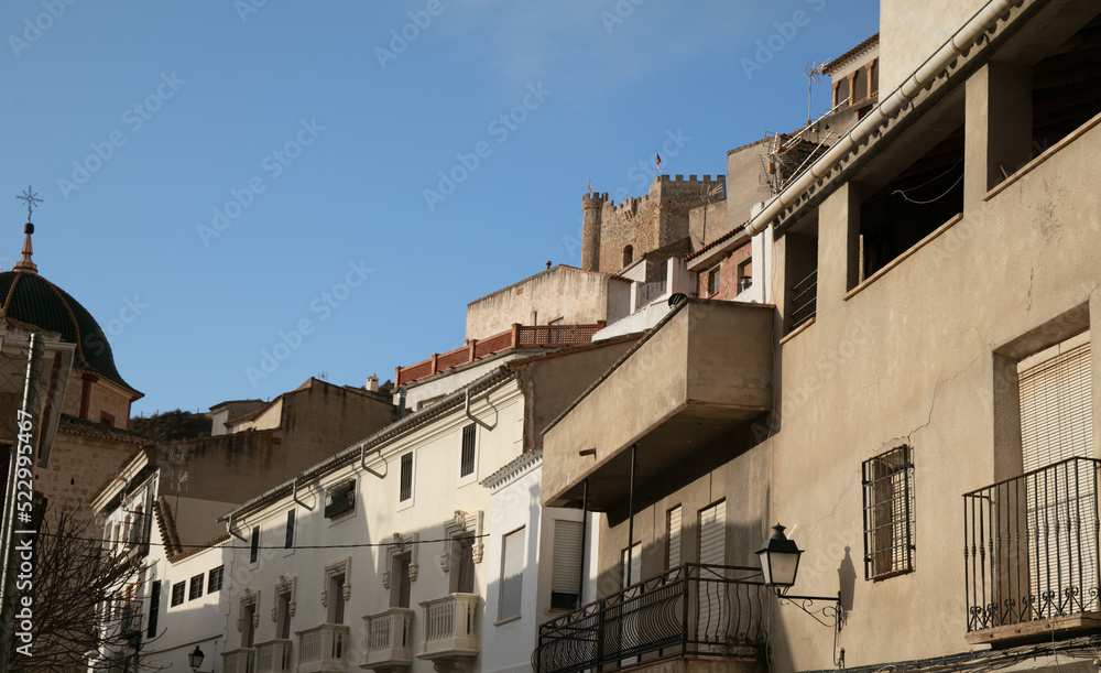 View of the facades of the building in Alcalá del Júcar, Albacete Province, Spain