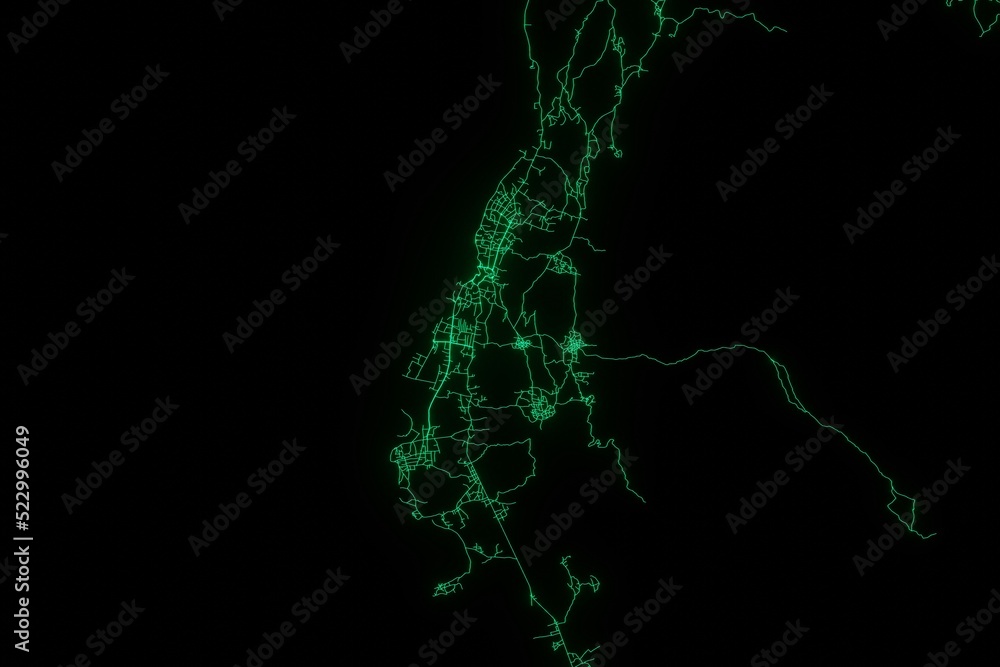 Map of the streets of Moroni (Comores) made with green illumination and glow effect. Top view on roads network. 3d render, illustration