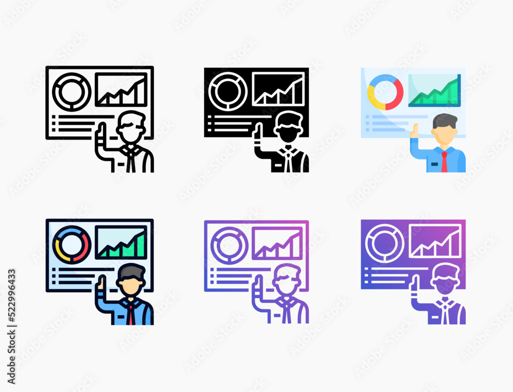 Presentation icon set with different styles. Style line, outline, flat, glyph, color, gradient. Editable stroke and pixel perfect. Can be used for digital product, presentation, print design and more.