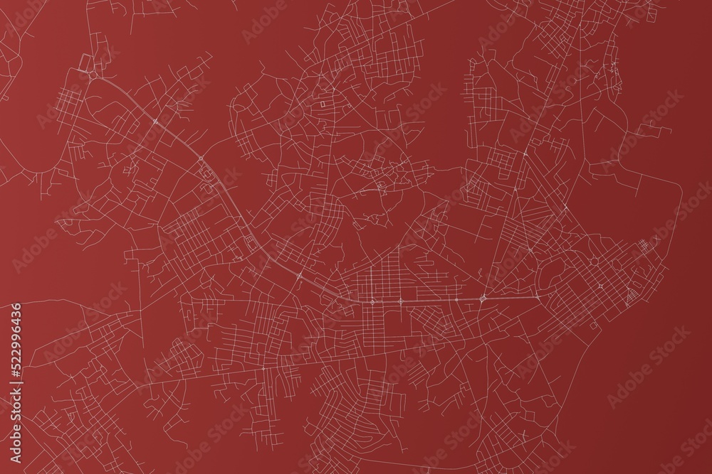 Map of the streets of Bissau (Guinea-Bissau) made with white lines on red background. Top view. 3d render, illustration