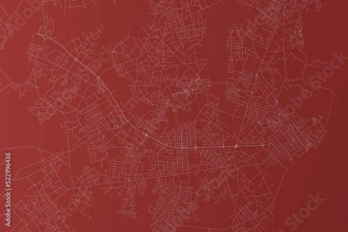 Map of the streets of Bissau (Guinea-Bissau) made with white lines on red background. Top view. 3d render, illustration