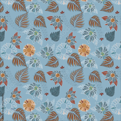Beautiful seamless pattern of bronze , cadet color asteraceae and sunflower with brandy and steel  teal color leaves on pewter blue background. floral pattern, textile design, wallpaper, gift paper.