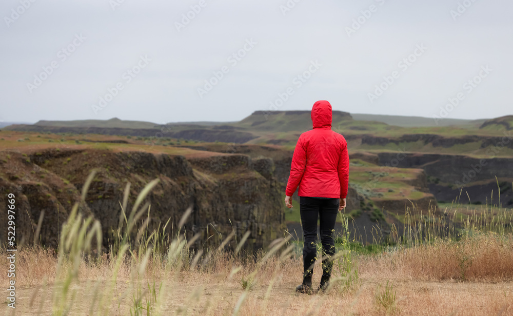 Woman Hiker at American Nature Landscape during cloudy day. Palouse Falls State Park, Washington, United States of America. Nature Background