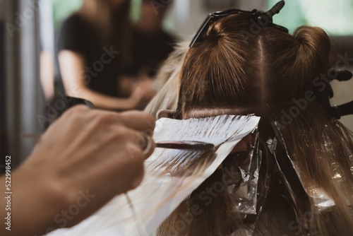 Hair Coloring In A Beauty Salon. Professional wizard paints the hair in the salon. Beauty concept, hair care. Hairdressing Services.
