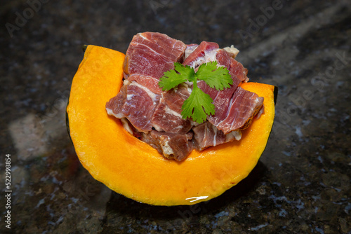Traditional Pumpkin with jerked beef . Typical Brazilian dried meat dish.