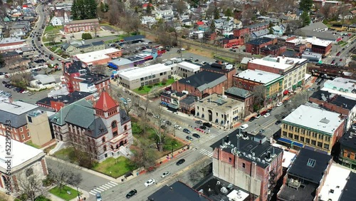Aerial zoom of Northampton, Massachusetts, United States on a busy day 4K