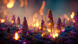 Fabulous magical forest, mushrooms, fireflies, whimsical plants. Beautiful background. Hi tech. AI.