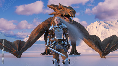 White haired female warrior knight stands with a drawn sword and a dragon behind against the backdrop of snow capped mountains. Fantasy artwork scene. CGI animation 3d rendering © merlin74