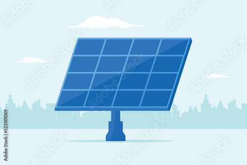 Solar panel icon with city in the background. Flat design vector illustration. 