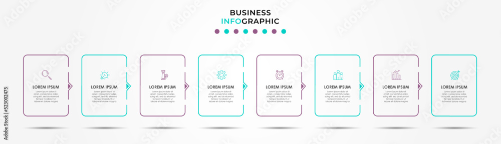 Vector Infographic design business template with icons and 8 options or steps. Can be used for process diagram, presentations, workflow layout, banner, flow chart, info graph