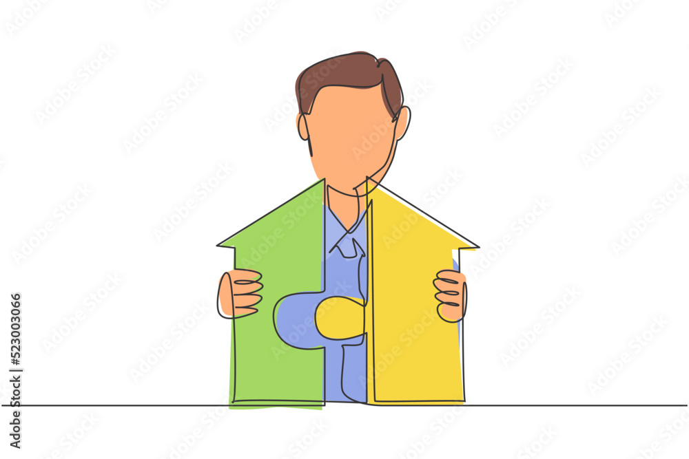 Continuous one line drawing young handsome male worker arrange piece of puzzle into house building. Success business manager minimalist concept. Single line draw design vector graphic illustration Continuous one line drawing young handsome male worker arrange piece of puzzle into house building. Success business manager minimalist concept. Single line draw design vector graphic illustration