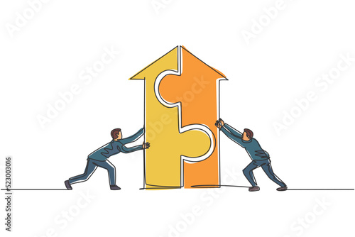 Continuous one line drawing two young handsome male workers pushing arrow shape puzzle to unite. Successful teamwork minimalist concept. Trendy single line draw design vector graphic illustration