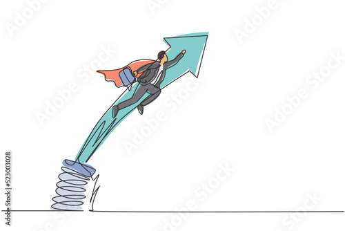 Single one line drawing of young smart male employee jumping and flying with metal spring. Business finance growth minimal concept. Modern continuous line draw design graphic vector illustration