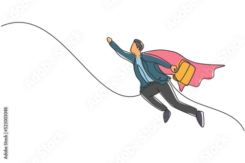 Continuous one line drawing of young handsome male worker fly using superhero wing. Success skyrocketed business manager minimalist concept. Trendy single line draw design vector graphic illustration