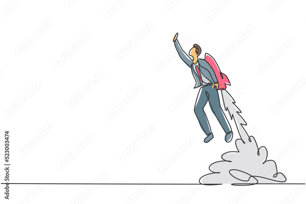 Continuous one line drawing of young handsome male worker flying high using jetpack machine. Success business manager minimalist concept. Trendy single line draw design vector graphic illustration