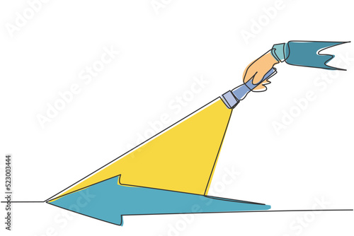 Single one line drawing of young smart male employee light the arrow path way using flashlight. Business way of success minimal concept. Modern continuous line draw design graphic vector illustration