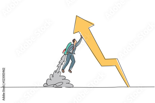 Continuous one line drawing young businessman flying with jetpack to straightening the up arrow symbol. Success business manager minimalist concept. Single line draw design vector graphic illustration