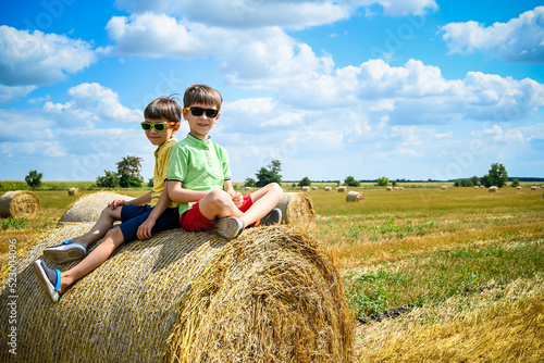 Two little boy stand among round haystack. Field with round bale