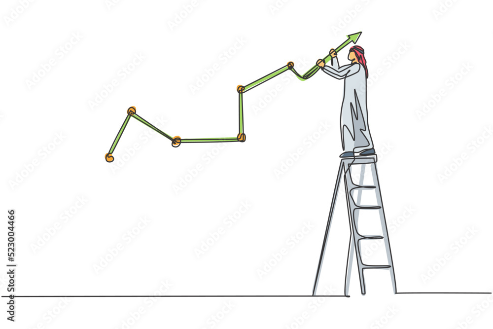 Single continuous line drawing young Arab businessman draw increasing sales growth graph. Smart success marketing manager. Minimalism concept dynamic one line draw graphic design vector illustration Single continuous line drawing young Arab businessman draw increasing sales growth graph. Smart success marketing manager. Minimalism concept dynamic one line draw graphic design vector illustration