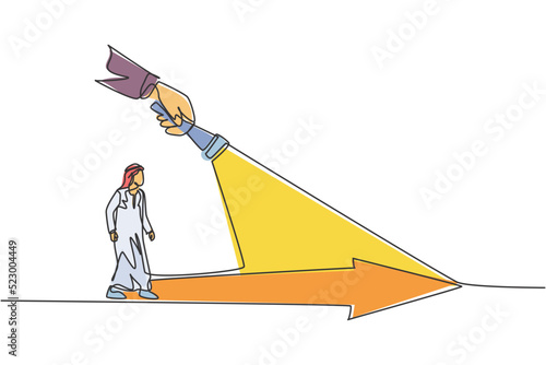 Continuous one line drawing of young Arabian male worker walking under the arrow way bright light. Success business path minimalist concept. Trendy single line draw design vector graphic illustration