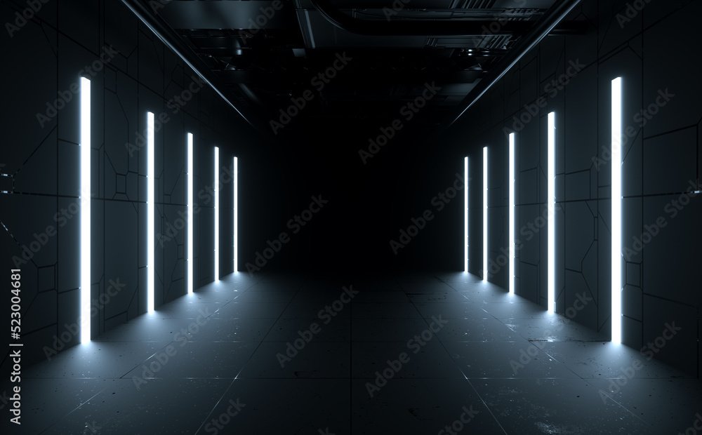Modern Sci Fi Futuristic Dark Room Corridor Neon Light Glowing Technology Illustration 3d Rendering