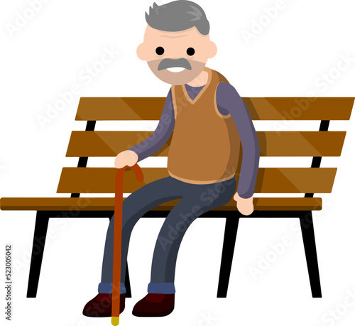 Grandfather sit on bench. Old man with cane. Rest and lifestyle of funny senior.