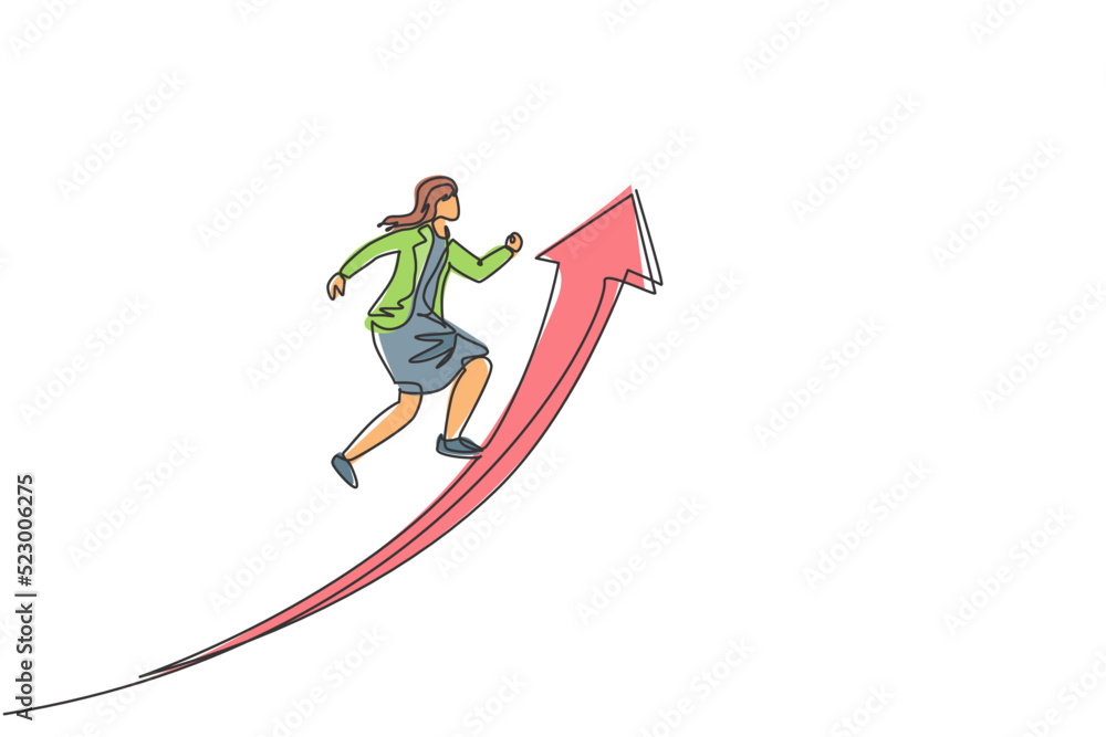 Single continuous line drawing young female manager jumping high up arrow symbol to reach goal. Professional businesswoman. Minimalism concept dynamic one line draw graphic design vector illustration
