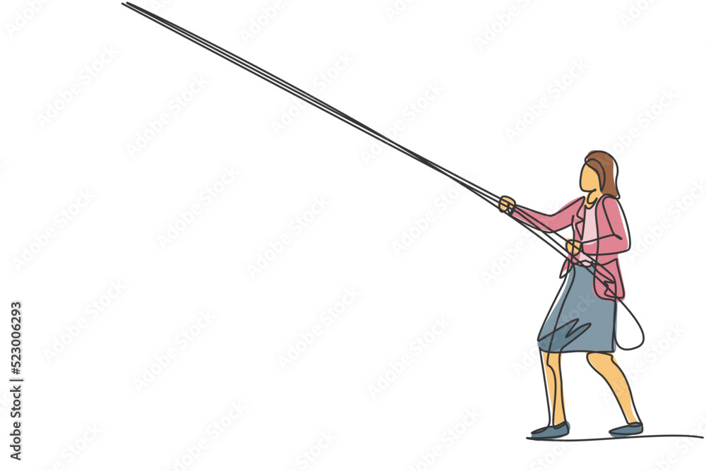 Continuous one line drawing of young female worker pulling rope to get the kites. Success business manager minimalist concept. Trendy single line draw design vector graphic illustration Continuous one line drawing of young female worker pulling rope to get the kites. Success business manager minimalist concept. Trendy single line draw design vector graphic illustration