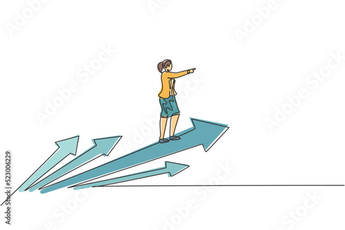 Continuous one line drawing of young female worker riding on forward arrows symbol. Success business manager minimalist metaphor concept. Trendy single line draw design vector graphic illustration
